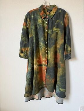 Lior 3/4 Sleeve Button Front Linen Blend Hi-Low Artwear Tunic Size L (see photo)